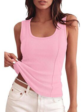 Women's Pink Tank Top Ribbed Scoop Neck Slim Fit Sleeveless
